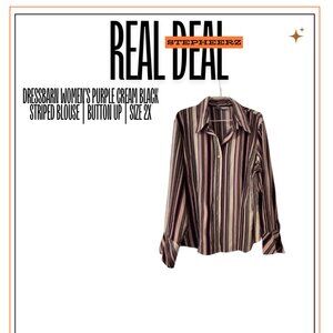 DressBarn Women’s Purple Cream Black Striped Blouse | Button Up | Size 2X